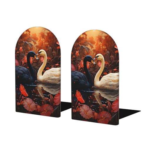 Black White Swan Flower Wooden Bookends for Shelves Decorative Book Ends Universal Book Organizer Holder for Office, Heavy Books, Vinyl Records - color: Black White Swan Flower