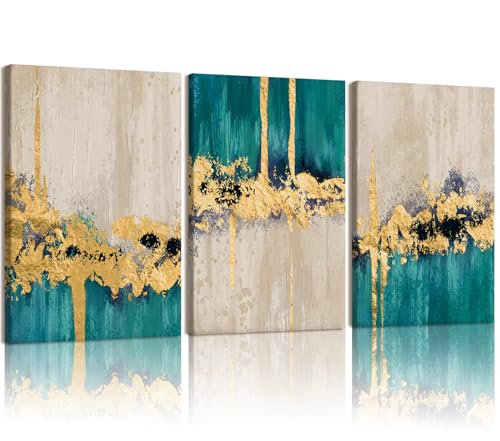 RZIGERNO 3 Pcs Green and Gold Abstract Wall Art Modern Luxury Framed Canvas Prints 12x16 Inch MinimalismTextured Painting Poster Wall Decor for Living Room Bedroom Office - color: Gold and green abstract, size: 16"L x 12"W