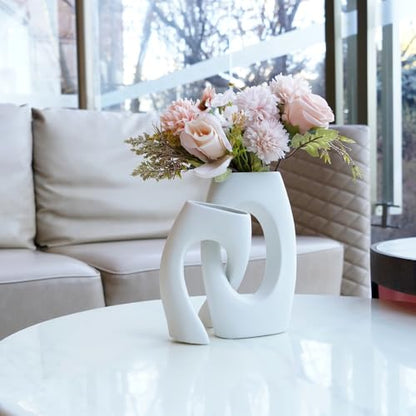 White Ceramic Vase Set of 2 with Champagne Faux Flowers