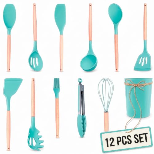 Teal Kitchen Utensils Set with Holder, 12 Pcs, Wooden Handle | BBQ Cooking Utensils that Bake, Serve, Mix & Flip; Silicone Heads Stay Non-Scratch on Nonstick Pots & Pans; Housewarming Gift - color: Teal