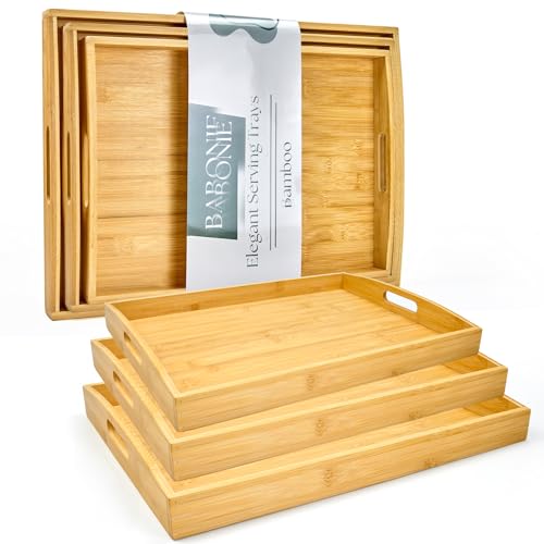 Bamboo Serving Tray Set of 3, Bamboo Trays with Handles | Decorative bamboo serving trays for serving, storage,kitchens, living rooms,bathrooms, outdoor scenarios and more - color: 3 Pack