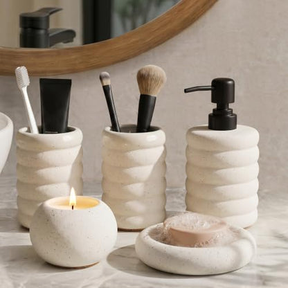 5 Pcs Ceramic Bathroom Accessories Set, White Bathroom Soap Dispenser Set | Soap Dispenser 16Oz, Toothbrush Cup, Toothbrush Holder, Soap Dish, Candle Holder,Modern Bathroom Accessory Set for Countertop - color: White-001
