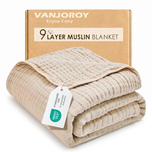 VANJOROY 100% Cotton Throw Blanket Queen 90" x 90" Beige, 9-Layer Muslin Organic Breathable Lightweight Large Throw for Couch Bed Quilt and Bedspread - All Season Muslin Soft Gauze Blanket - color: Beige, size: Queen (90" x 90")