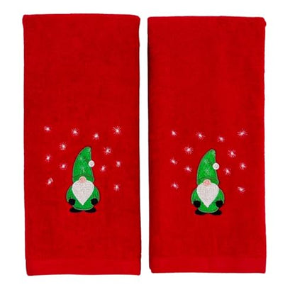 Holiday Christmas Guest Hand Towels: Festive Embroidered Gnome Country Farmhouse Red Terrycloth Towels with Winter Theme, 2 pc, 16 x 25 - color: Green Gnome on Red