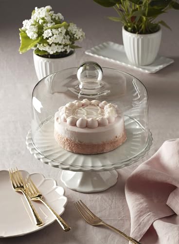 Lenox French Perle White Stoneware Cake Stand with Dome | Dishwasher safe | 2-piece, with dome cover | 11 inch, gift for women, cupcake stand, elegant entertaining - style: Cake Plate