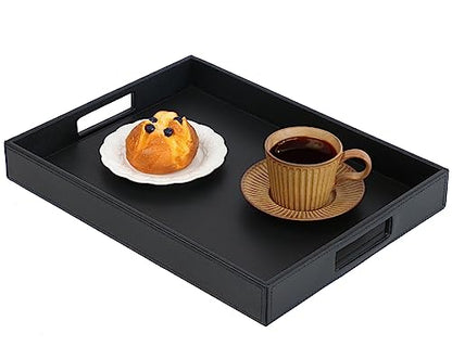 HofferRuffer Rectangle Serving Tray with Hole Handles for Coffee Table, Breakfast, Tea, Food, Butler - Countertop, Kitchen, Vanity Serve Tray, 16.2 x 12.2 x 2 inches, Faux Leather Tray (Black) - color: Black