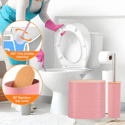 10 PCS Pink Bathroom Accessories Set with Trash Can Bathroom Accessory | All-in-One Kit with Trash Can,Toothbrush Holder,Soap Dispenser,Toothbrush Cup,Vanity Tray,Soap Dish,Toilet Brush etc for Home - color: Pink