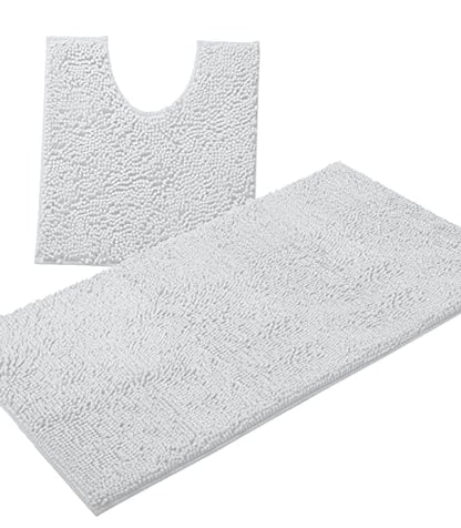 Bathroom Rugs Sets 2 Piece, Luxury Chenille Bath Mat Set, Soft Plush Anti-Slip Bath Rug + U-Shaped Toilet Mat. Microfiber Shaggy Carpet, Super Absorbent (24” x 36” & 20” x 24” U, White) - color: White, size: 2 Piece Set - Large