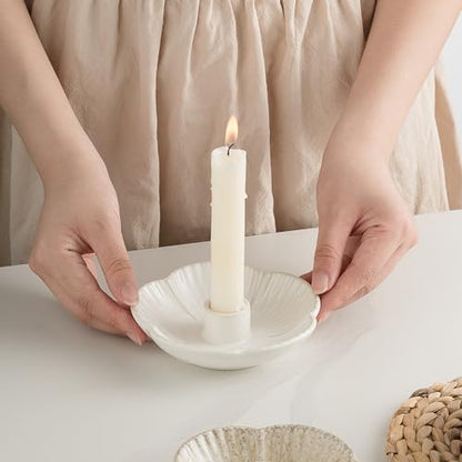 Ceramic Taper Candle Holder, 4.72 in Polished Round Base Tray | Use with incense or palo santo to create a calm tabletop setting for dinners, meditation or seasonal displays. - color: White