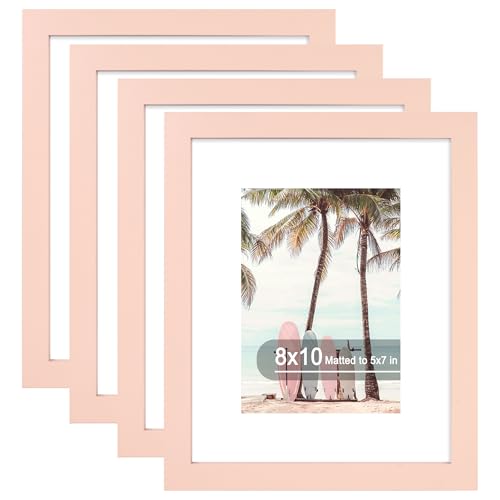 Hongkee 8x10 Picture Frame (4 Pack, Pink) Made of Real Glass and Wooden Frame - Display Pictures 5x7 with Mat or 8x10 Without Mat, 8 by 10 Photo Frames TableTop Display and Wall Mounting - color: Pink, size: 8x10 in
