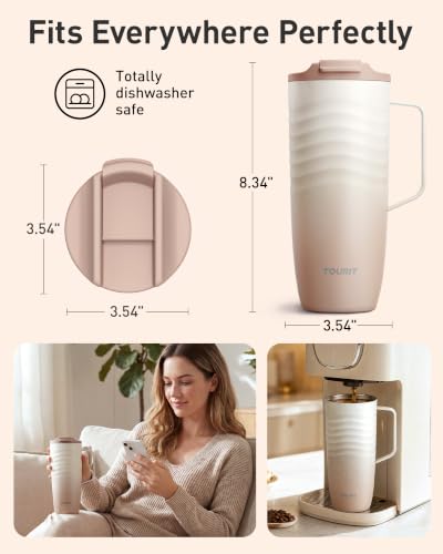 TOURIT 20oz Insulated Coffee Mug with Handle, Leak-Proof Travel Tumbler | 20oz · Side Handle · Ripple Grip · 6h Hot/12h Cold · Leak-Proof · Silicone Base · 304 Steel - color: Pink, size: 20 Ounces