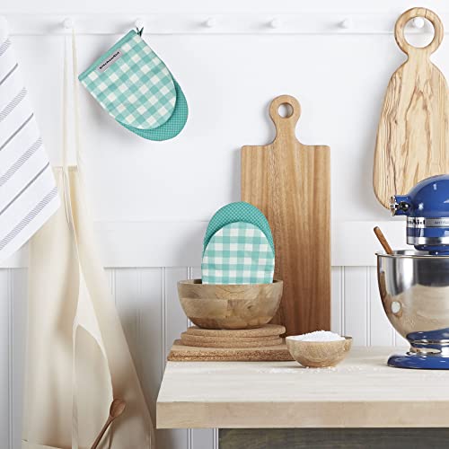 KitchenAid Gingham Mini Oven Mitt 2-Pack Set, Aqua Sky, 5.5"x8" - color: Aqua Sky