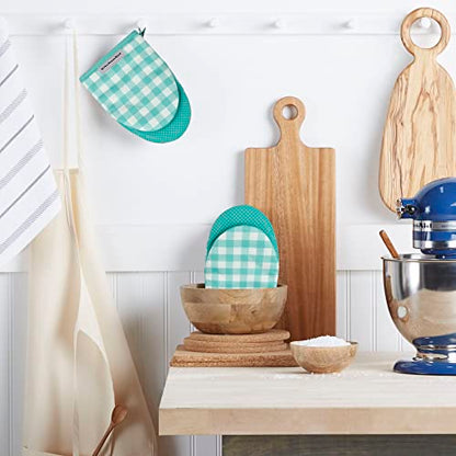 KitchenAid Gingham Mini Oven Mitt 2-Pack Set, Aqua Sky, 5.5"x8" - color: Aqua Sky