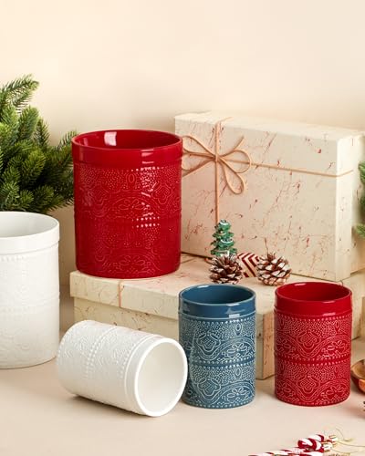 Kitchen Utensil Holder, 7.2+5.5" Super Large Utensil Crock Heavy and Stable Lace Emboss Ceramic Utensil Holder for Kitchen Counter (2Pcs Christmas Red) - color: 2Pcs Christmas Red