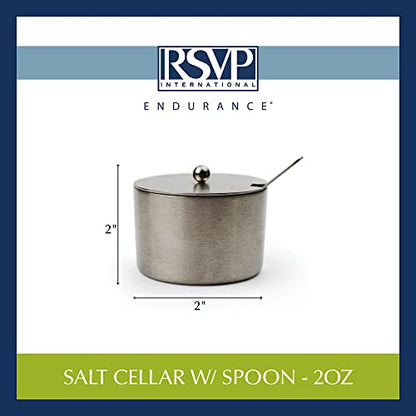 RSVP International Endurance Kitchen Collection Salt Cellar Set with Spoon, 2-Ounce, Brushed Stainless Steel - size: 2-Ounce