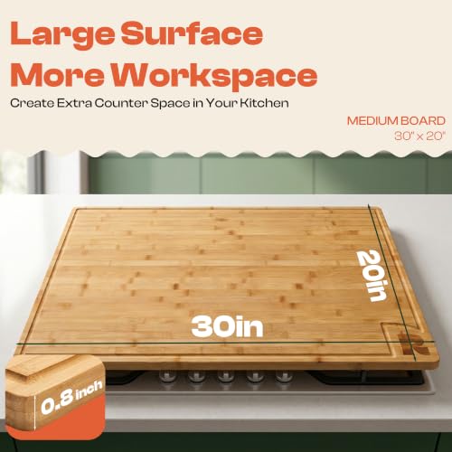 Riveira Extra Large Bamboo Cutting Board, 30" x 20", 0.8 Inch Thick – Cool Stove Top Cover Cutting Board, Noodle Board Stove Cover with Juice Groove, Reversible Butcher Block for Charcuterie - size: 30"L x 20"W