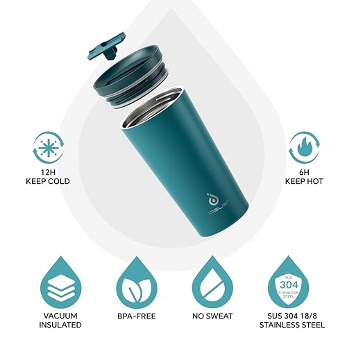 Ideus 17 oz Travel Coffee Mug, Double Wall Vacuum Stainless Steel Insulated Coffee Tumbler With Lid, Splash-Proof & Cup Holder Friendly, Keeps Drinks Hot/Cold, Dishwasher Safe, Peacock Blue - color: Teal Blue