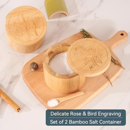 Salt Cellar, 2PCS Salt Container Bamboo Salt and Pepper Box for Countertop with Built-in Spoon & Swivel Lid, Spice Seasoning Storage Bowl, Elegant Salt Holder (Rose & Bird Engraving) - color: Bamboo Bird and Rose Set