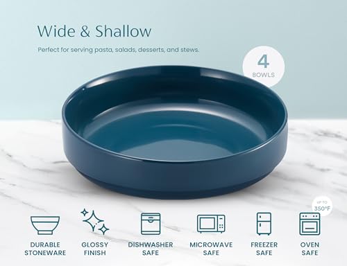 KooK Pasta Bowl, Bowl Plate, Low Bowl, Plate Bowls, Ceramic Large Shallow Bowls, Microwave and Dishwasher Safe, Great for Soups and Salads, Glossy Porcelain, 47 oz, Set of 4, Teal - color: Teal