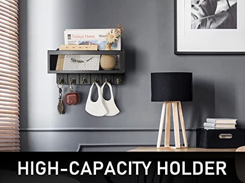 Rebee Vision Key Holder for Wall Set : 10'' Key Rack with 5 Metal Hooks and 13'' Mail Organizer Basket with 6 Key Hooks, Wooden Key Hanger with Mounting Hardware for Bags, Coats, Letters - Black