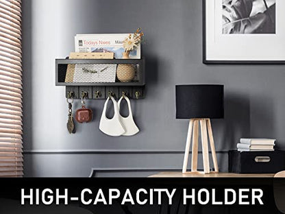 Rebee Vision Key Holder for Wall Set : 10'' Key Rack with 5 Metal Hooks and 13'' Mail Organizer Basket with 6 Key Hooks, Wooden Key Hanger with Mounting Hardware for Bags, Coats, Letters - Black