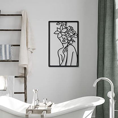 CHENGU 3 Pieces Metal Minimalist Abstract Woman Wall Art Line Drawing Wall Art Decor Single Line Female Home Hanging for Kitchen Bathroom Living Room - style: Floral Style