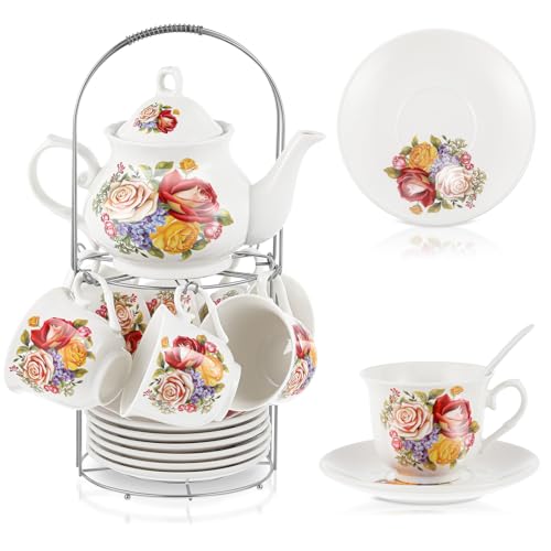 Zhehao 20 Pcs Porcelain Tea Set with Metal Holder and Spoon Adult Ceramic Tea Set European Flower Painting Teapot Cup Saucer Spoon for Women Mom Gift, Large Version (Floral Style) - color: Floral Style