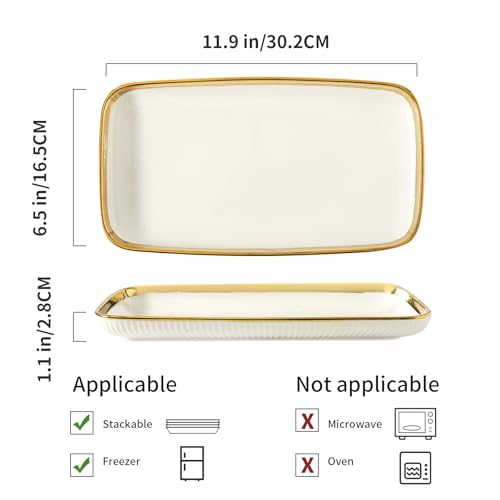 LETAOTAO Serving Platters, Ceramic Serving Platters Set of 4, 12 Inch Rectangular Serving Trays Dishes for Party Entertaining, White Dinner Plates with Gold Trim for Sushi Desserts Appetizers Salad - color: Rectangular White and Gold-4 Pcs