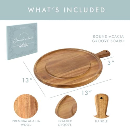Charcuterie Board - Round Acacia Wood Cutting Board for Kitchen with Groove & Handle, Cheese Board for Vegetables, Bread, Fruits, Meat - Decorative Wooden Serving Tray House Warming Gift - size: 16"L x 13"W