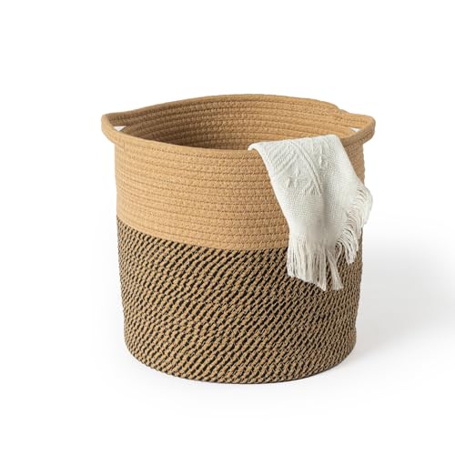 Woven Laundry Basket, 17L Cotton Rope Nursery Hamper for Baby – Tall Blanket & Toy Storage Bin for Living Room Bedroom Bathroom, Collapsible, Brown, 11" Dia × 11"H - color: Brown, size: 17L