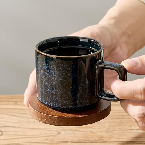LUKA Porcelain Stackable Espresso Cups with Saucers and Metal Stand, 4 Ounce Small Ceramic Demitasse Cups Set for Latte, Specialty Coffee Drinks, Cafe Mocha,Tea - Set of 4, Reactive Blue - color: Reactive Blue