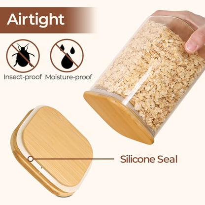 ComSaf Glass Storage Containers wtih Lids 1.9 Qt, Set of 3 Food Storage Jar | Pantry Storage Containers, Glass Jar, Square Canisters, Bamboo Lid with Silicone Seal, Cookie, Cereal, Coffee, 61oz, BPA Free - size: 1.9Qt*3