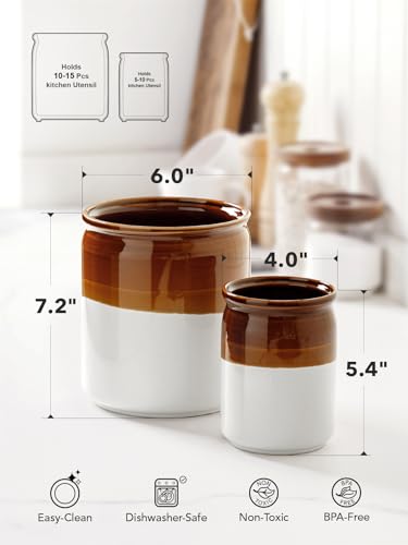 LE TAUCI Kitchen Utensil Holder for Countertop, Ceramic Utensil Crock Set of 2, Rustic Brown Holder for Spatulas, Spoons and Ladles, Large Farmhouse Kitchen Counter Decor, Brown and White, 7.2" & 5.4"