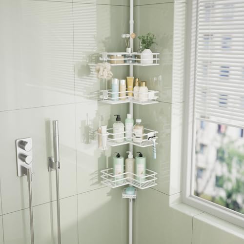 HapiRm Corner Shower Caddy Organizer - Shower Organizer Corner with Soap Holder, Toothbrush Holder and 4 Hooks, Rustproof Bathroom Shelf Tension Pole Available for 27.6 to 108.3 Inch - White