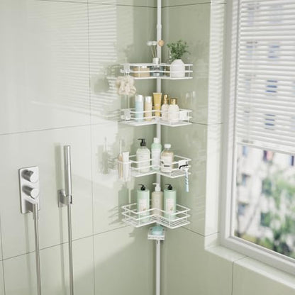 HapiRm Corner Shower Caddy Organizer - Shower Organizer Corner with Soap Holder, Toothbrush Holder and 4 Hooks, Rustproof Bathroom Shelf Tension Pole Available for 27.6 to 108.3 Inch - White