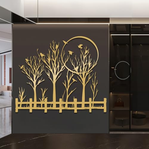 Birds on Tree Branch Metal Wall Art, Tree of Life Metal Wall Decor, Field of Trees Wall Decor, Large Trees Wall Sculpture, Forest Silhouette Wall Hanging for Indoor, Outdoor (Gold, 19"x16"/47x39cm) - color: Gold, size: 19L" x 16W"
