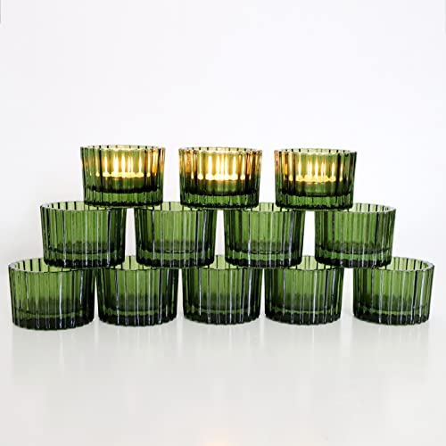 VOHO Green Tealight Candle Holder Set of 12, Glass Votive Candle Holders | Ribbed votive candle holders for wedding table centerpiece, Christmas tea lights candle holder bulk for home decor(2''x1.4'') - color: Green