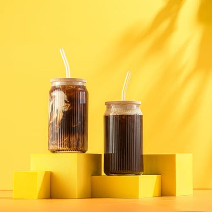 JoyJolt Fluted Glass Tumblers with Bamboo Lids and Glass Straws, Ribbed Can Shaped Drinking Glasses Set of 4, 16oz Cup with Lids and Straws, Iced Coffee Cups, Cocktail/Beer Glasses, Tea Cups - style: Clear Glasses