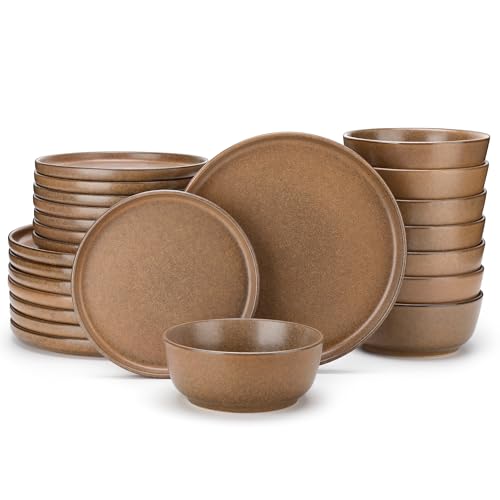 vancasso ZERMATT 24 Pieces Stoneware Dinnerware, Plates and Bowls Set for 8 | Dishes Set for 8 in Muted Brown Reactive Glaze Stoneware, Kitchen Dinner Set, Microwave and Dishwasher Safe - color: Muted Brown, size: 24 Pcs (Service for 8)