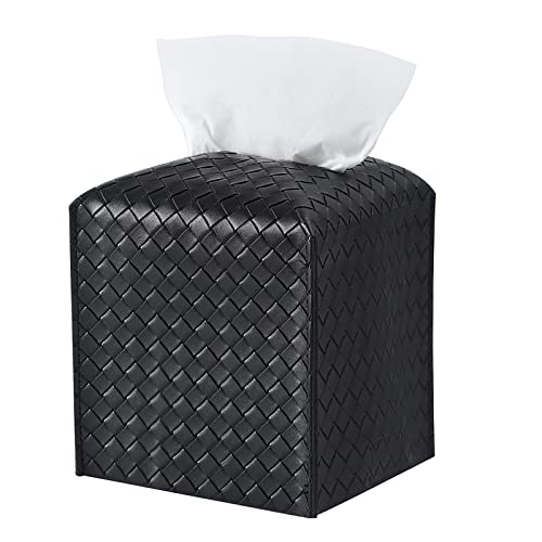 Tissue Box Cover PU Leather Tissue Holder Square Facial Tissue Case Facial Paper Organizer Dispenser for Bathroom, Vanity Countertop, Tabletop, Car, Black | PU Leather, Easy to Fill, Easy Clean, Decorative Tissue Box Holder for Office, Bathroom, Kitchen,