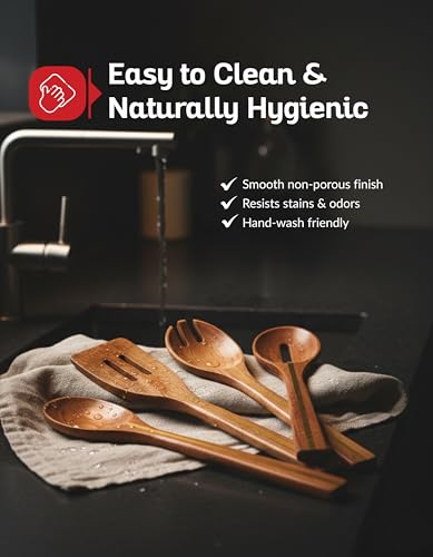 Acacia Utensil Set of 5 with Holder – Premium Wooden Cooking Utensils, Eco Friendly Acacia Wood Spatula & Spoon Set, Nonstick Safe Kitchen Tools - color: Acacia Classic Kitchen Set