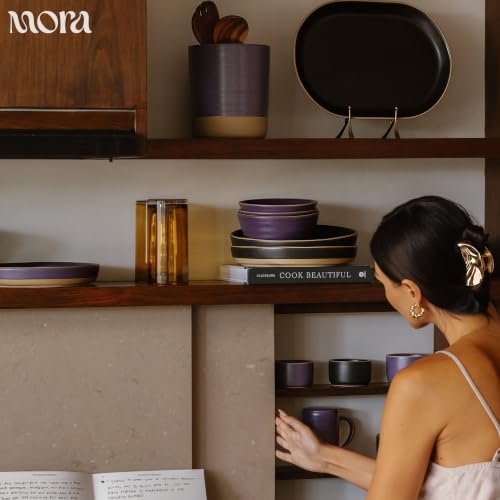 Mora Medium Dishes Set of 4, 35oz Ceramic Pottery Pasta Plate/Wide Bowls - Microwave, Oven and Dishwasher Safe - Night - color: Night