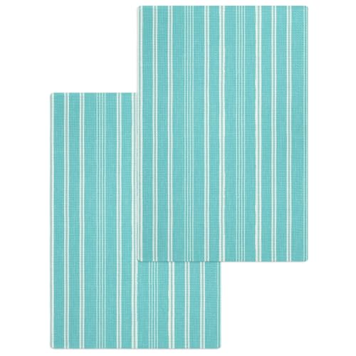 Teal Blue Striped Hand Towels Set, Waffle Weave Kitchen Towels 2 Pieces, Farmhouse Stripes Modern Vintage Microfiber Hair Face Bath Tea Towel Absorbent Quick Drying Cleaning Dish Cloths, 15.7"x23.6" - color: Aqua, Cyan, White, size: 2PCS,15.7"x23.6"