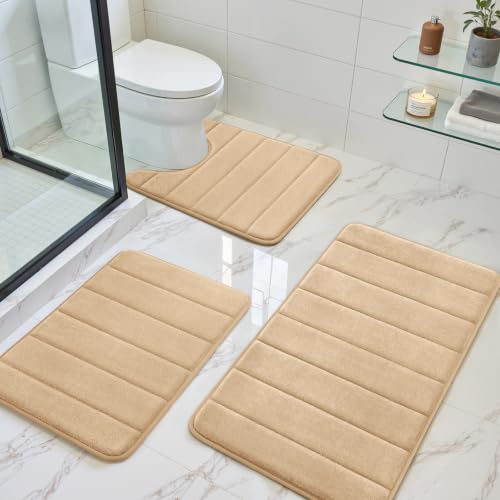 BYSURE Beige Memory Foam Bathroom Rug Set 3 Piece, Non Slip Extra Soft Absorbent Bath Mats, Machine Washable & Dry Toilet Mat Sets for Bathroom Floor | Non Slip Extra Soft Absorbent Machine Washable Toilet Bath Toilet Mat for Shower, for Bathroom - color: