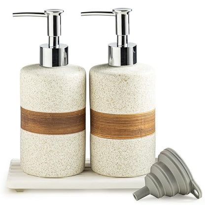 2 Pack Ceramic Soap Dispensers Set, Hand and Dish Soap Dispenser | Shampoo and Conditioner Dispenser Set, for Bathroom and Kitchen | with Stainless Steel Pump, Silicone Funnel and Tray, White - color: White and White, size: 2xSoap Dispenser Set with Tray