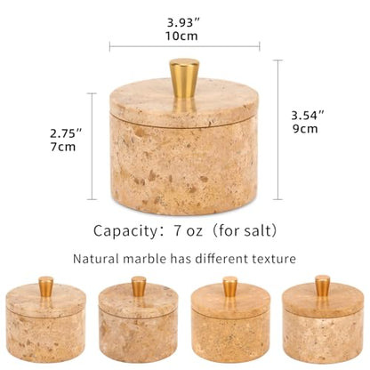 Marble Salt Cellar with Lid, Mud Yellow, 4 inch | Natural Stone, Salt Pepper Box, Gold Alloy Handle, Kitchen Countertop Storage, Multi-Use, Sugar Spice Seasoning Container - color: Mud yellow