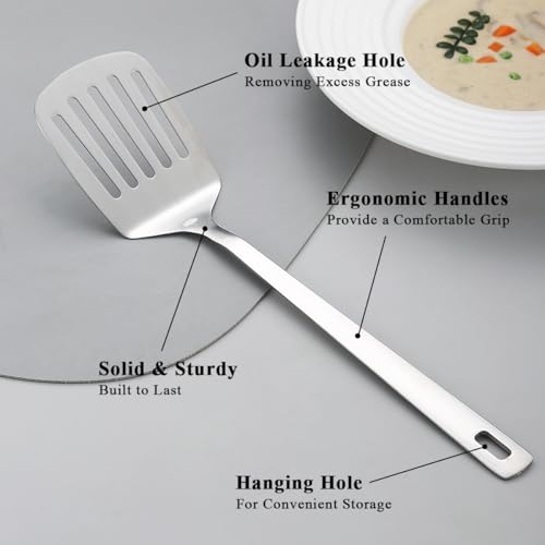 Kyraton Stainless Steel Kitchen Utensils Set 6 Pieces, Cooking Utensil Set Include Metal Spatula Sets, Skimmer, Ladle, Tongs, Potato Masher, Dishwasher Safe