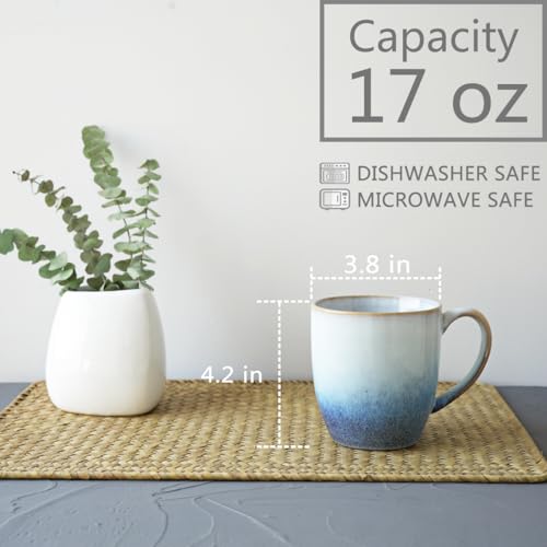 Bosmarlin Ceramic Coffee Mug Set of 4, 17 Oz, 3 Colors to Choose, Tea Cups, Dishwasher and Microwave Safe, Reactive Glaze… (17 Oz, Blue) - color: Blue