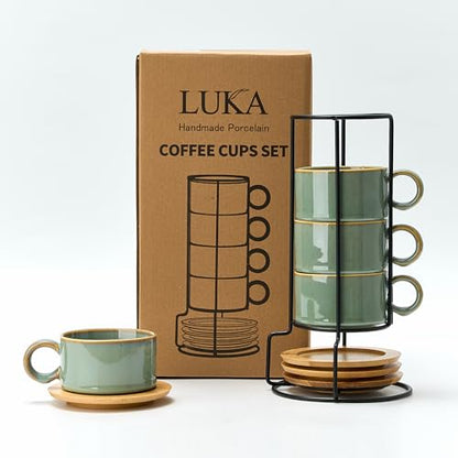 LUKA 6 Ounce Porcelain Stackable Espresso Cups with Saucers and Metal Stand Set of 4, Ceramic Cappuccino Cups Set for Specialty Coffee Drinks, Latte, Cafe Mocha and Tea, Wild Sage Earth - color: Wild Sage Earth