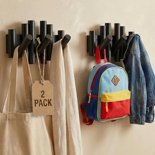 Bamboo Piano Coat Rack Wall Mount Set of 2, Flip Down Retractable Wooden Hooks for Entryway Hallway Mudroom | Matte Black Multi Hook Wall Hanger, 2-Pack 3 Hooks Organizer - color: Black, size: 3-Hook (2-Pack)